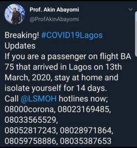 Prof. Akin Abayomi tweet on Coronavirus concerning the third case in Nigeria