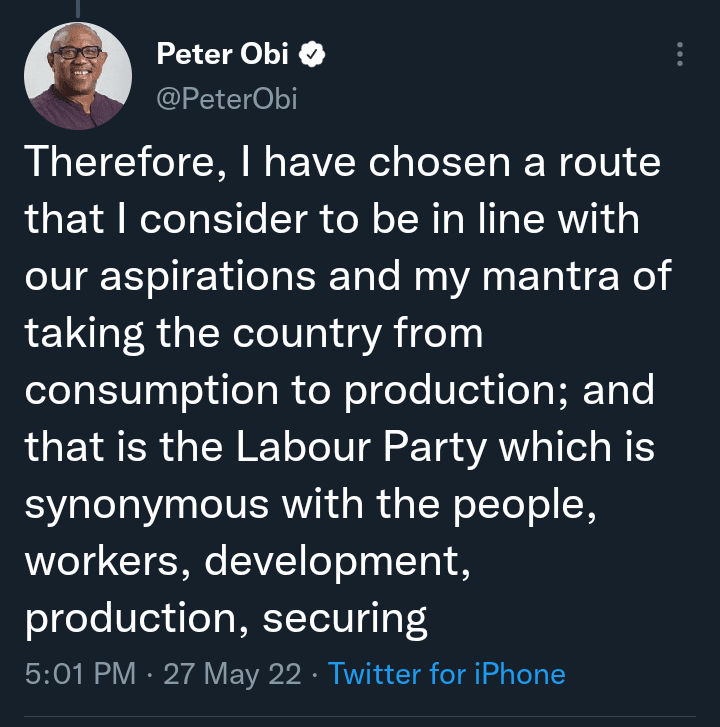 Peter Obi Officially Joins Labour Party After His Resignation From Pdp