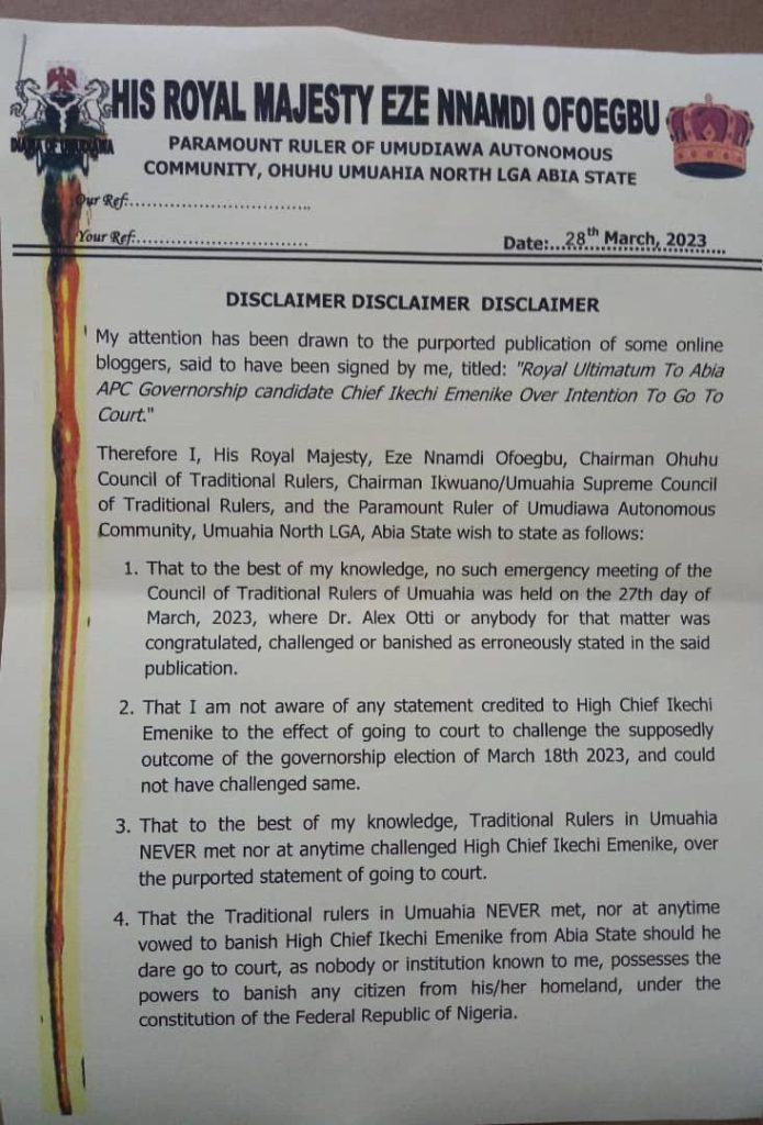 HRM Eze Ofoegbu Disclaimer Letter Page 1